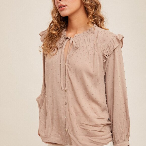 HEM & THREAD Taupe Swiss Dot Ruffle Blouse, Long Sleeve Tie Neck Top, Feminine - Picture 3 of 4